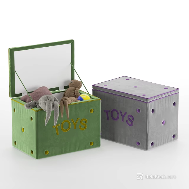 Toy Storage Box Set Green Gray With TOYS Lettering And Stuffed Toys In Open Container 3d model 