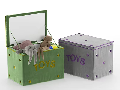 Toy Storage Box Set Green Gray With TOYS Lettering And Stuffed Toys In Open Container 3d model