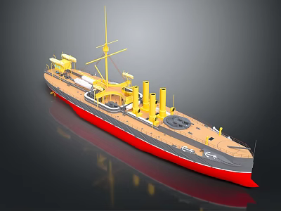 Detailed Vintage Water Vessel Model with Yellow Superstructure Red Hull Multiple Chimneys and Mast 3d model