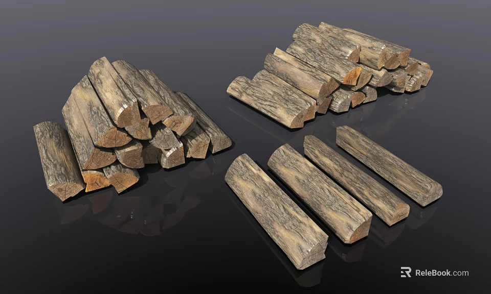 Natural Stone and Wood Display Featuring Stacked Pieces in Various Shapes and Rustic Texture 3d model 