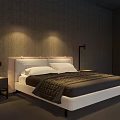 Modern Minimalist Double Bed With Light Headboard Nightstands Black Table Lamp And Textured Dark Walls