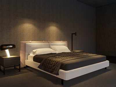 Modern Minimalist Double Bed With Light Headboard Nightstands Black Table Lamp And Textured Dark Walls 3d model