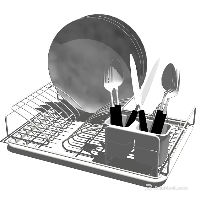 Organized Kitchen Utensils Setup With Plates Forks Knives And Spoons In Dish Rack 3d model 