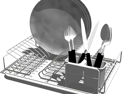 Organized Kitchen Utensils Setup With Plates Forks Knives And Spoons In Dish Rack 3d model