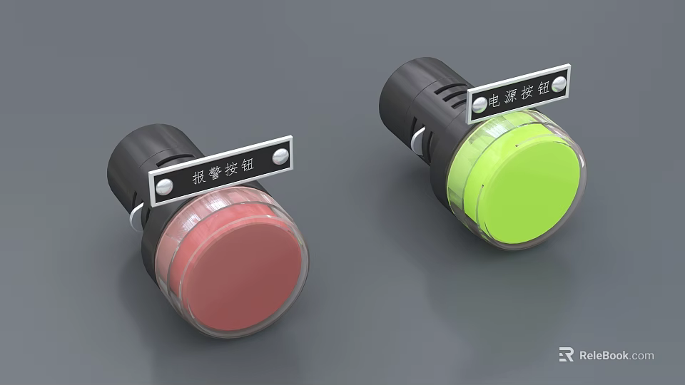 Red and Green Emergency Buttons with Safety Alert Labels for Industrial Use 3d model 
