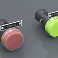Red and Green Emergency Buttons with Safety Alert Labels for Industrial Use