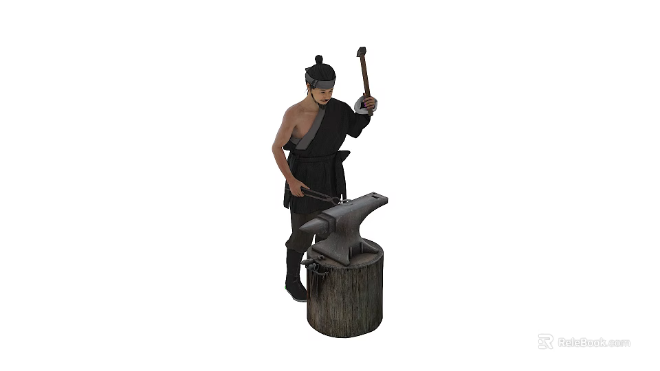 Man Working As Blacksmith Forging Metal With Hammer On Anvil 3d model 