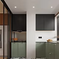 Modern Kitchen Interior With Glass Sliding Doors Green Cabinets Marble Floor And Window Blinds