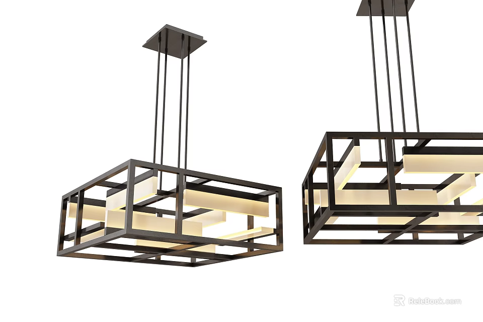 Modern Square Frame Black Metal Chandeliers With White Light Strips Hanging Design 3d model