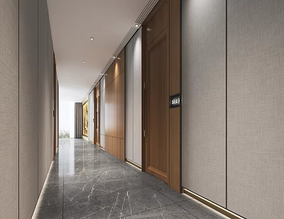 Modern Office Corridor Design With Marble Floor Wooden Doors And Recessed Lighting Fixtures 3d model