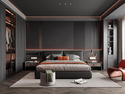 Elegant Modern Bedroom with Dark Walls Wooden Wardrobe Bedside Lamps Orange Chair and Pillows 3d model