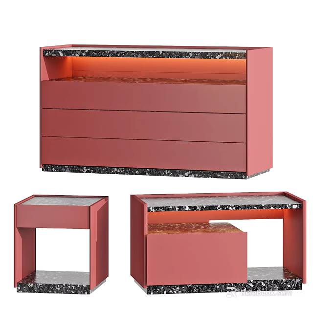 Modern Pink Bedside Table With Marble Top Drawers And Illuminated Base 3d model