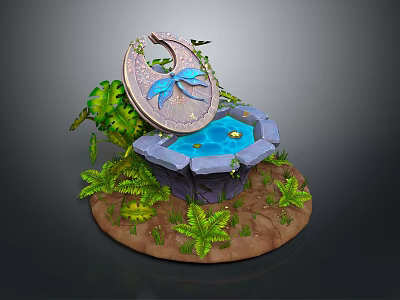Decorative Home Water Feature with Metal Plate Blue Dragonfly Design Green Ferns and Stone Base 3d model