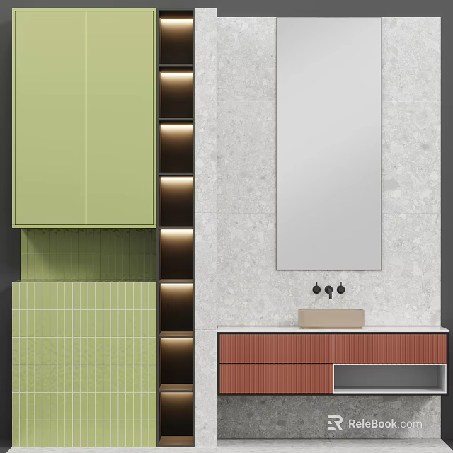 Modern Bathroom Vanity Design With Green Cabinets Stone Wall Mirror And Tiles 3d model