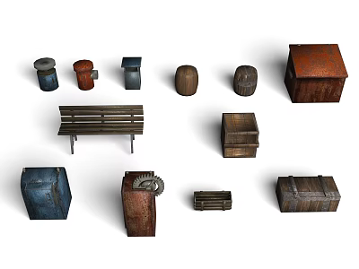 Outdoor Public Facilities Collection With Wooden Bench Metal Trash Cans And Storage Boxes 3d model
