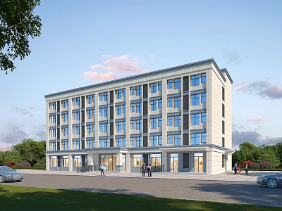 Modern Multi Storey Industrial Building With Large Windows Greenery And Parking Area 3d model