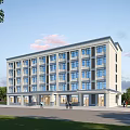 Modern Multi Storey Industrial Building With Large Windows Greenery And Parking Area