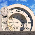 Giant Clocks With Roman Numerals Gears And LOGO Circle Against Blue Sky White Clouds