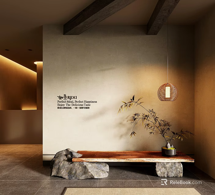 Natural Style Interior With Stone Accents Wooden Bench And Hanging Lamp 3d model 