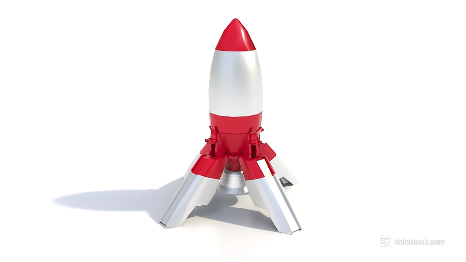 Red and White Toy Rocket Model With Silver Accents And Stand Structure 3d model 