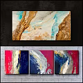 Modern Abstract Triptych Oil Painting With Blue White Red Flowing Texture 3d model
