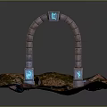 Mystical Scenic Landscape Featuring Stone Archway Blue Glowing Elements Green Grass And Water Pools