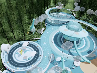 Vibrant Blue Spiral Playground Equipment With Circular Slides And Cloud Decorations Surrounded By Trees 3d model