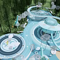 Vibrant Blue Spiral Playground Equipment With Circular Slides And Cloud Decorations Surrounded By Trees