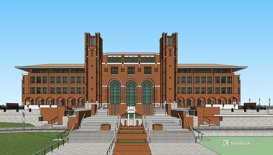 Traditional Red Brick Library Building With Symmetric Towers Large Windows And Grand Staircase 3d model 