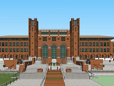 Traditional Red Brick Library Building With Symmetric Towers Large Windows And Grand Staircase 3d model