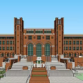 Traditional Red Brick Library Building With Symmetric Towers Large Windows And Grand Staircase