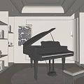 Modern Piano Room Interior With Grand Piano Stool And Bookshelves