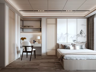Modern Tatami Bedroom Interior With Wooden Flooring Desk Chair And Storage Cabinets 3d model