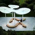 Modern Butterfly Shaped Pergola With White Canopy Curved Brown Seats And Green Park Setting