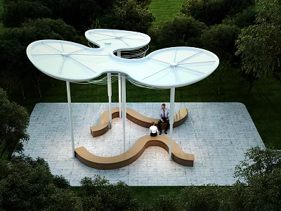 Modern Butterfly Shaped Pergola With White Canopy Curved Brown Seats And Green Park Setting 3d model