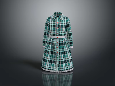 Green And White Plaid Long Sleeve Shirt Collar Dress With Belt And Lace Trim 3d model