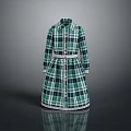 Green And White Plaid Long Sleeve Shirt Collar Dress With Belt And Lace Trim