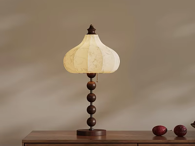 Wooden Table Lamp With Beige Patterned Shade And Ball Pillar On Desk With Decorative Items 3d model