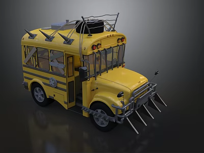 Yellow Modified Bus with Roof Rack And Storage Front Spiked Bumper Metal Framed Windows 3d model
