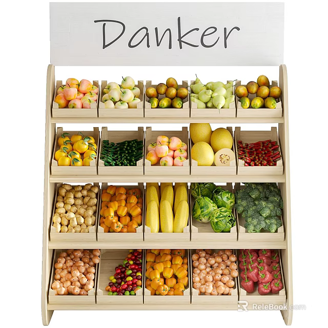 Fresh Vegetables Neatly Arranged on Multi Layer Wooden Shelf Display with Various Varieties 3d model 