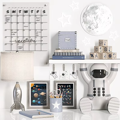 Cosmic Theme Decorative Ornament Set With Astronaut Moon Stars Rocket And Planets 3d model