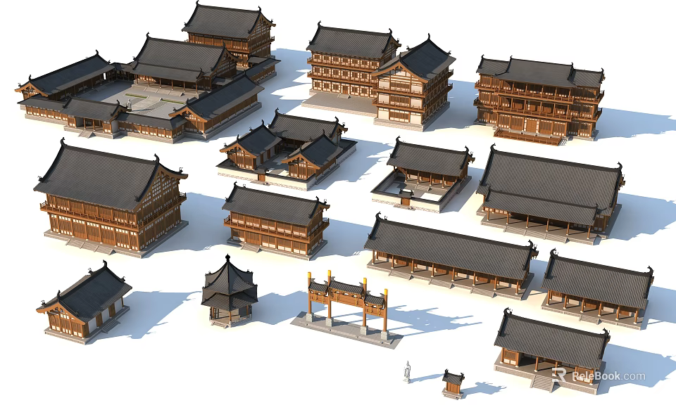 Traditional Ancient Chinese Architectural Complex With Wooden Structures Classic Roofs And Gateways 3d model 
