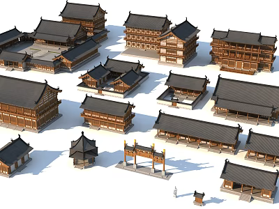 Traditional Ancient Chinese Architectural Complex With Wooden Structures Classic Roofs And Gateways 3d model