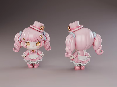 Cute Game And Movie Character With Pink Hair Twin Ponytails And Maid Outfit Hat 3d model