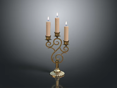 Golden Candelabra With Three Lit Candles And Spiral Decorative Base 3d model