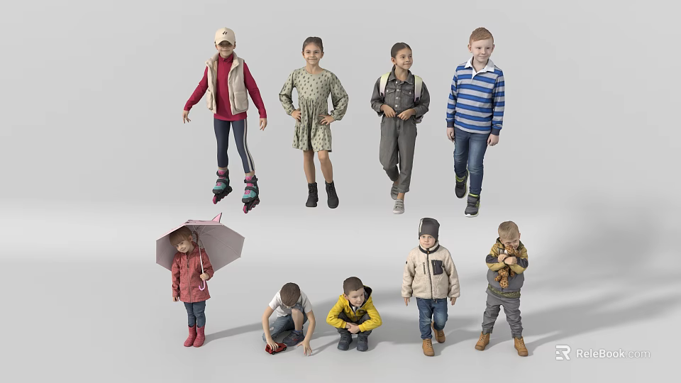 Group of Children in Different Casual Clothes with Various Poses Including Standing Squatting and Umbrella 3d model 