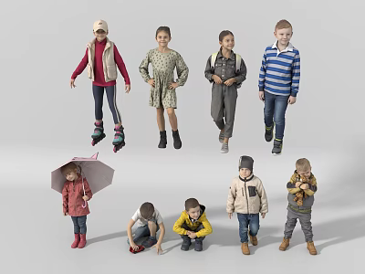 Group of Children in Different Casual Clothes with Various Poses Including Standing Squatting and Umbrella 3d model