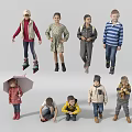 Group of Children in Different Casual Clothes with Various Poses Including Standing Squatting and Umbrella