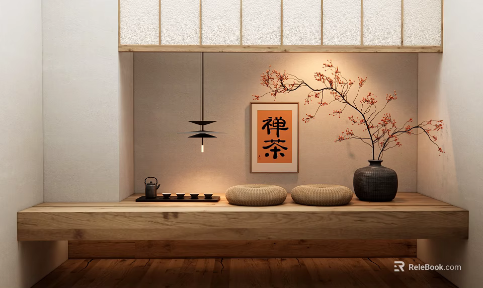 Japanese Zen Tea Decorative Ornament Set With Wall Art Branch Decoration Tea Tray And Cushions 3d model 