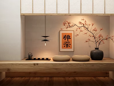 Japanese Zen Tea Decorative Ornament Set With Wall Art Branch Decoration Tea Tray And Cushions 3d model